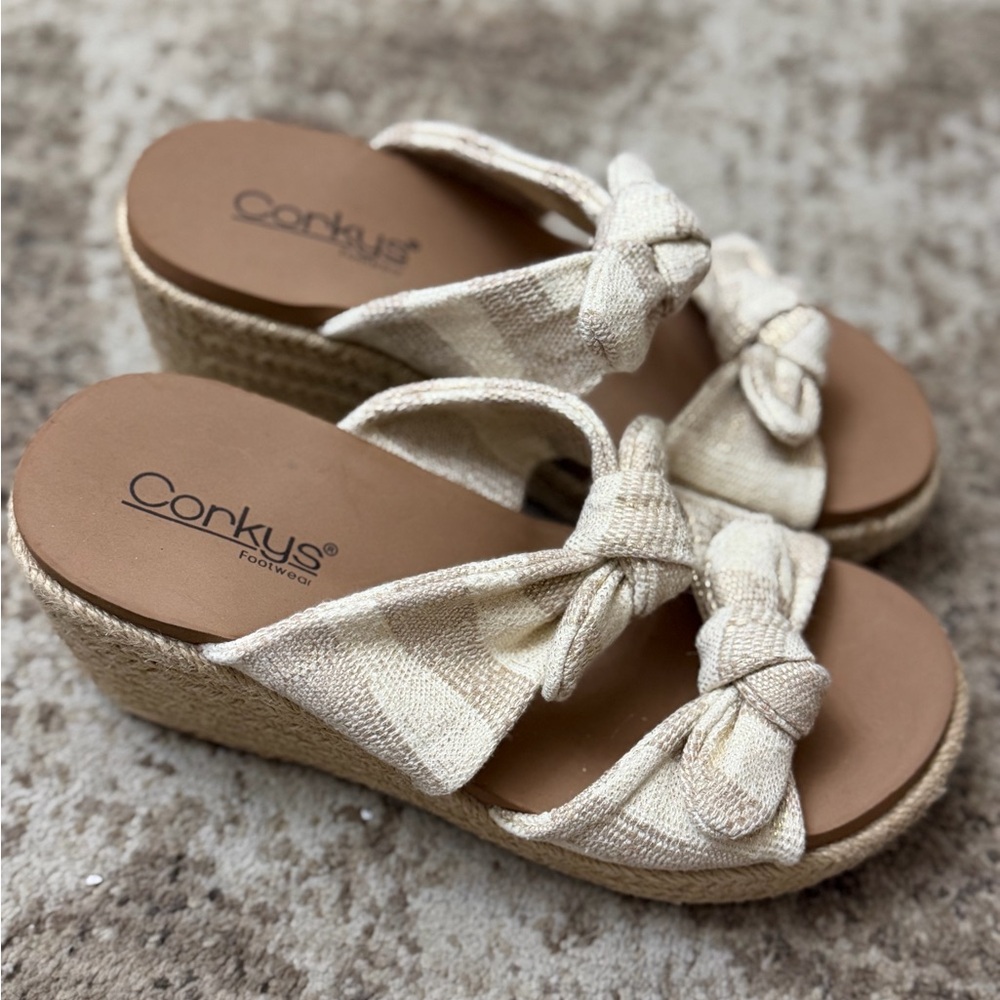 Corkys Cream and Tan Wedge Sandals